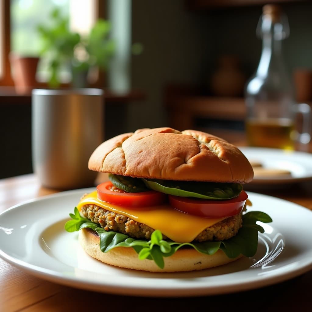 Sándwich de pan de mollete tostado relleno de berenjena asada dorada, pesto de tomate seco cremoso, queso feta desmenuzado y rúcula fresca, servido en tabla de madera con fondo de cocina rústica.