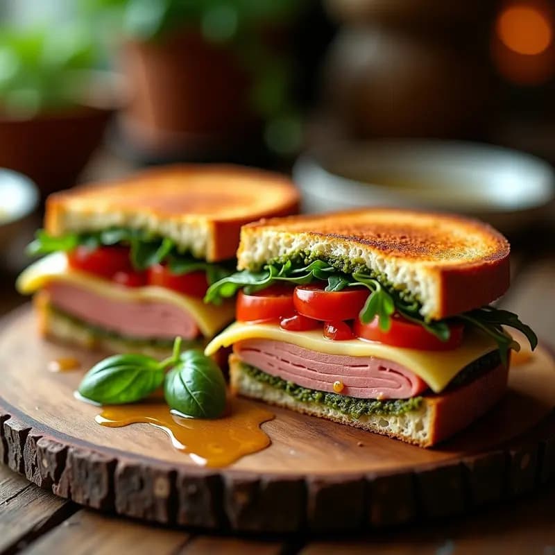 Sándwich italiano gourmet abierto mostrando capas de mortadela gruesa, queso provolone derretido, pesto verde, tomate y rúcula entre pan tostado dorado, rociado con aceite de trufa y con hilos de queso al cortar.