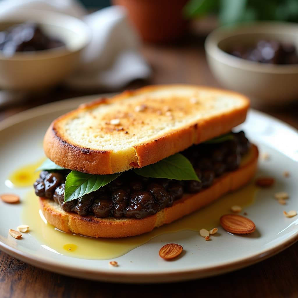 Sándwich abierto de pan de banano dorado con almendras fileteadas, relleno de paté cremoso de aceitunas negras y alcaparras, decorado con hojas de albahaca fresca sobre fondo rústico de madera.