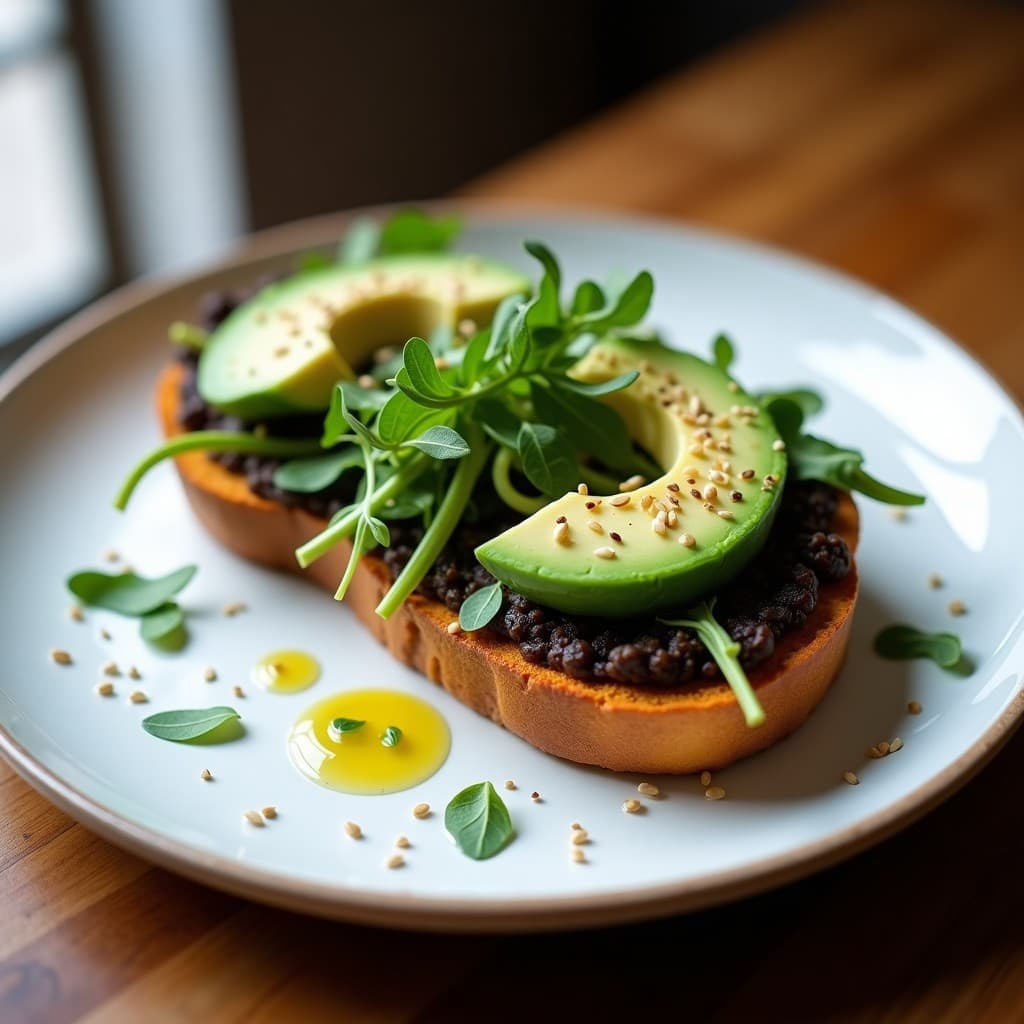 Sándwich abierto de pan de batata dorado con una capa gruesa de pâté de berenjena ahumada cremoso, láminas de aguacate verde, rúcula fresca, germinados y semillas de sésamo tostadas. Plato blanco rústico con fondo de madera clara y hierbas frescas.