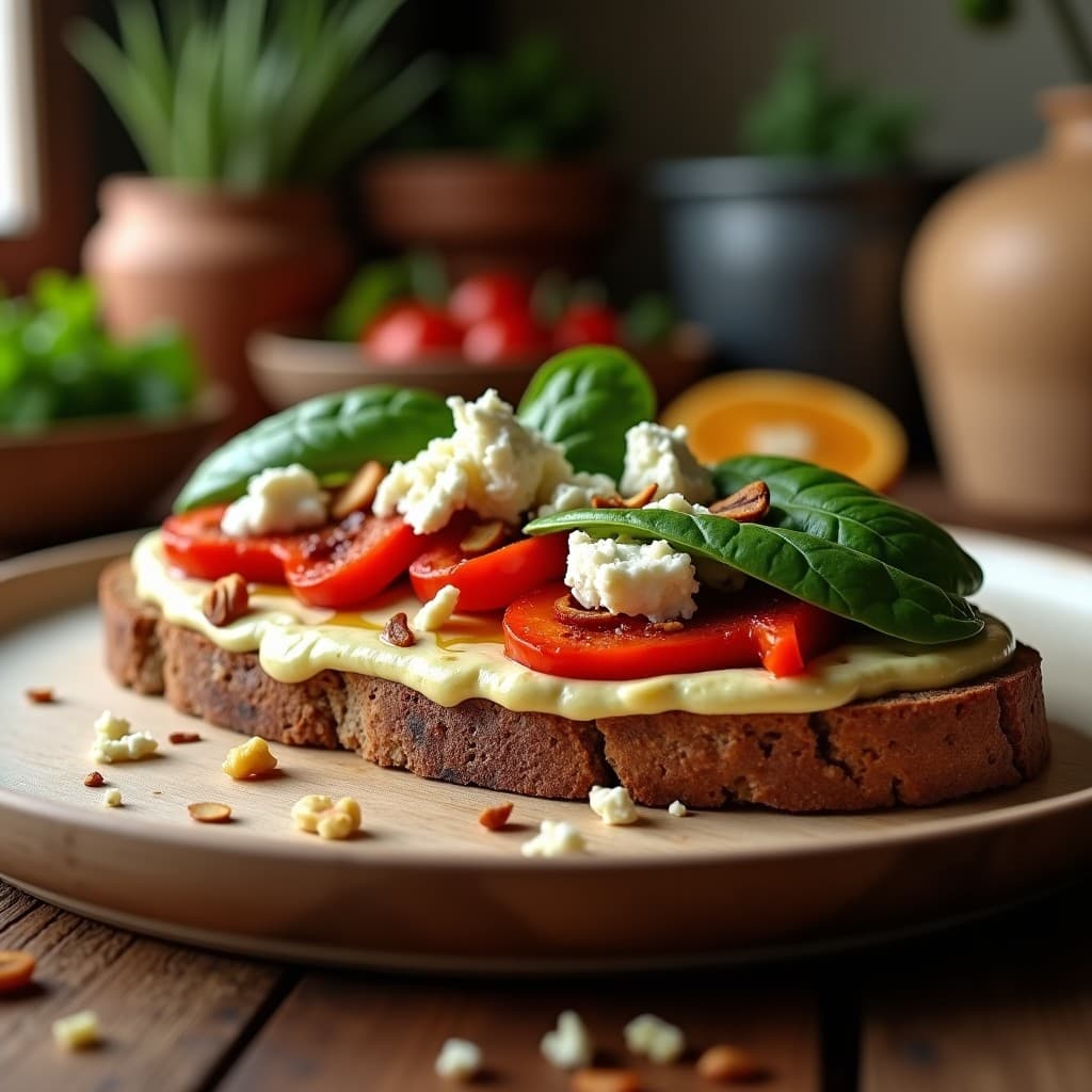 Sándwich abierto de pan de centeno sin gluten con una capa gruesa de paté de alcachofas cremoso, tiras de pimiento rojo asado brillante, hojas de espinaca fresca y queso de cabra desmenuzado. Plato rústico de madera con fondo borroso de cocina mediterránea.
