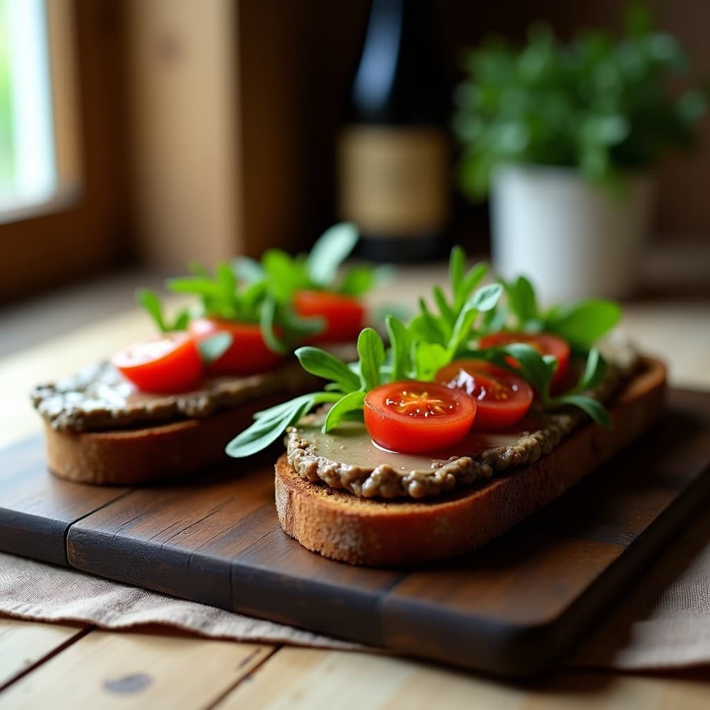 Sándwich abierto de pan de centeno tostado con paté cremoso de berenjena y anchoas, hojas de albahaca fresca, láminas de tomate cherry y rúcula, sobre tabla de madera rústica con fondo borroso.