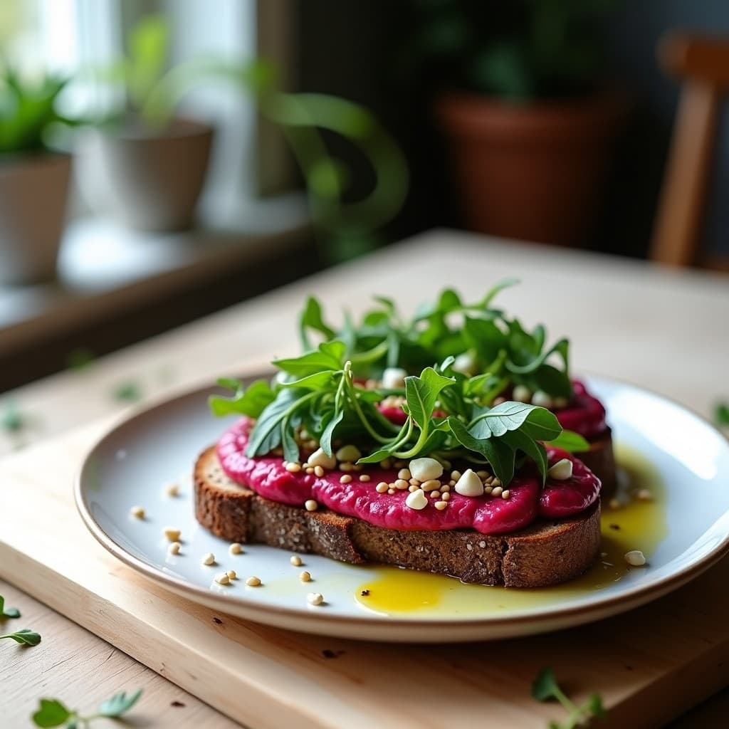 Sándwich abierto escandinavo con pan de centeno tostado, untado con un vibrante pâté de remolacha rosa, coronado con hojas frescas de rúcula y semillas de sésamo negro, servido en una tabla de madera rústica con un hilo de aceite de oliva.