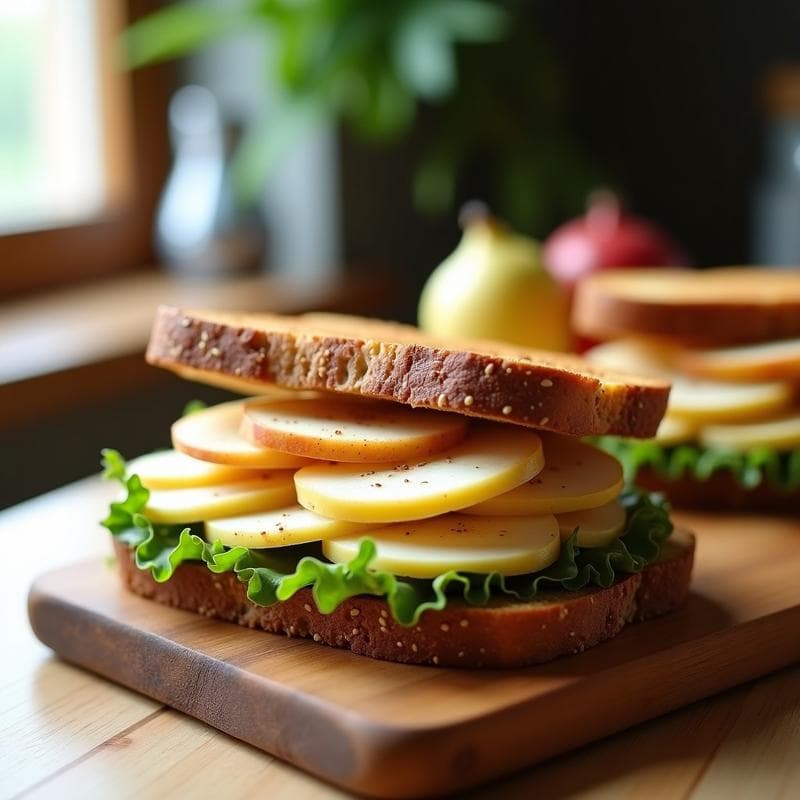 Sándwich abierto de pan de centeno tostado con lonchas de pechuga de pavo, hojas de lechuga verde, puré de manzana cremoso y un toque de mostaza, servido en tabla de madera rústica con fondo desenfocado.