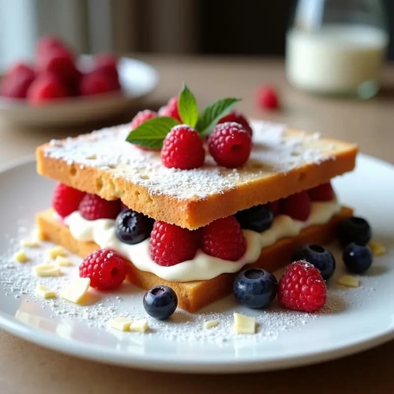 Sándwich de Pan de Cristales abierto mostrando helado de vainilla cremoso con fresas en láminas, arándanos y frambuesas frescas, espolvoreado con azúcar glass y virutas de chocolate blanco, sobre un plato blanco con hojas de menta. Postre francés instagrameable.