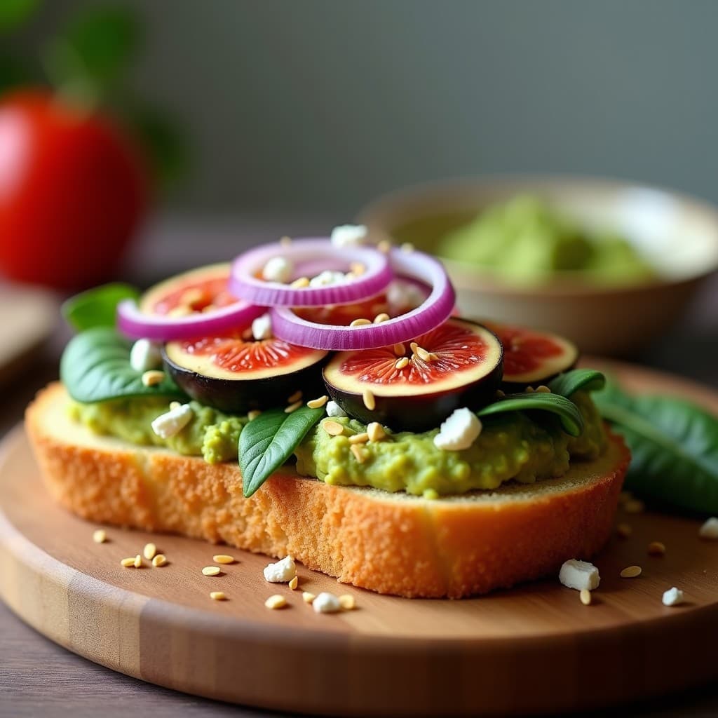Sándwich abierto de pan de maíz dorado relleno de guacamole cremoso, láminas de higos frescos negros, hojas de espinaca baby, queso feta desmenuzado y semillas de sésamo tostadas, servido en una tabla de madera rústica.