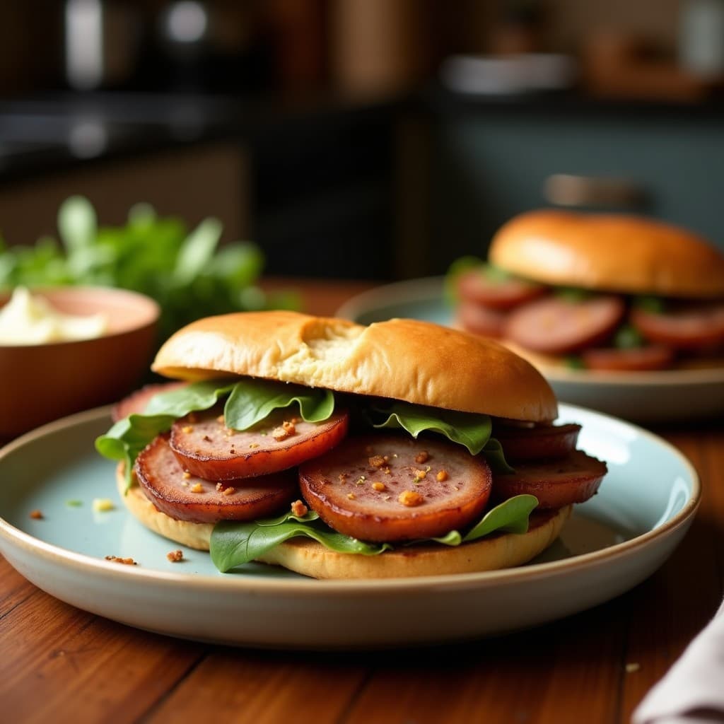 Sándwich abierto de pan de plátano macho dorado en airfryer, relleno de láminas de pato asado glaseado con salsa hoisin, cebolla morada, pepino y cilantro. Receta chino-vietnamita crujiente y jugosa.