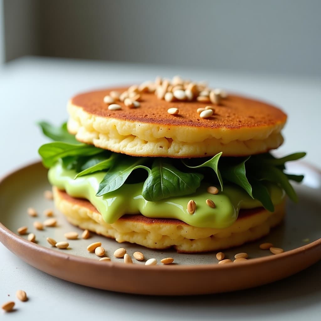 Sándwich abierto de pan de plátano maduro dorado, relleno de crema de aguacate verde brillante, hojas de espinaca fresca y semillas de calabaza y girasol tostadas, sobre un plato de madera rústico con fondo borroso.