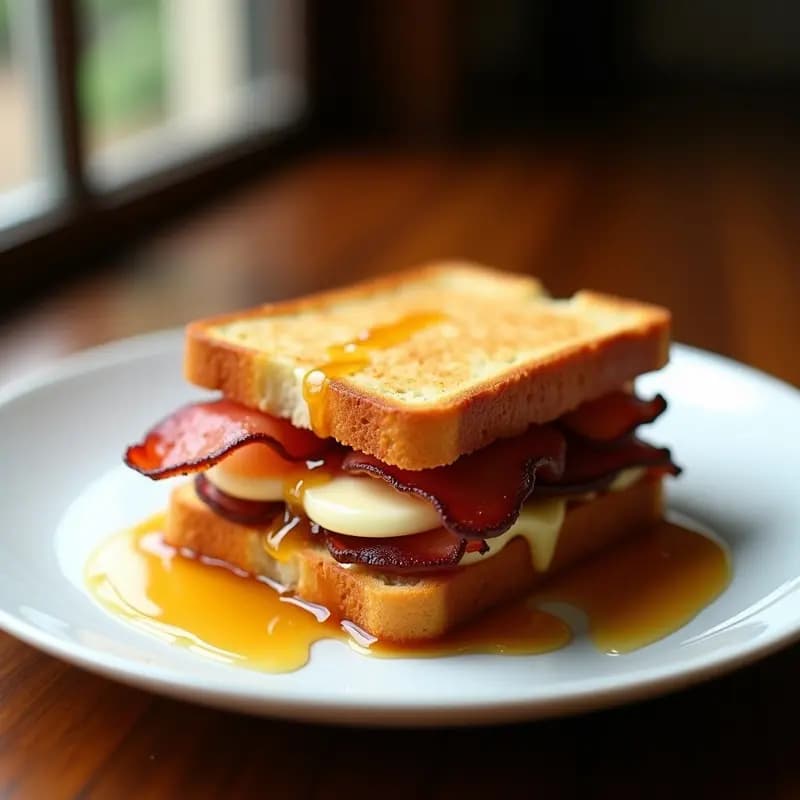 Sándwich de panceta crujiente rebozada, queso brie derretido y mermelada de higos entre dos rebanadas doradas de pan de brioche, servido en un plato blanco con fondo rústico y un hilo de miel brillante.