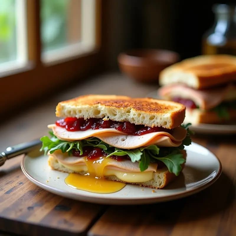 Sándwich de pan brioche tostado y dorado, relleno de lonchas de pavo, queso brie fundido, mermelada de arándanos y rúcula, cortado en diagonal sobre una tabla de madera rústica con un hilo de miel goteando.