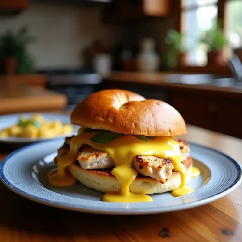 Sándwich de pollo empanizado dorado y crujiente con queso azul desmenuzado y mermelada de higos en pan brioche tostado, servido en tabla de madera con hojas de lechuga asomando, receta hipercalórica y adictiva.