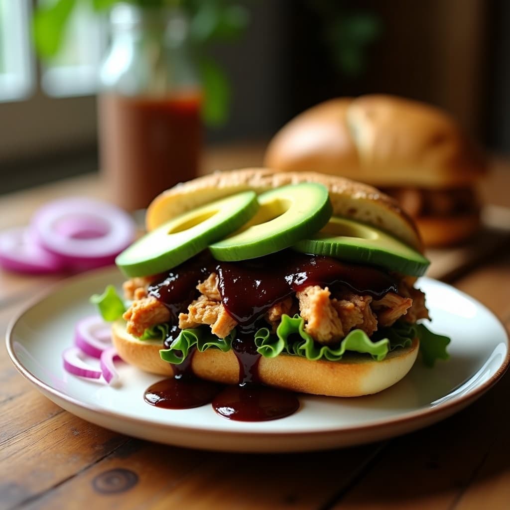 Sándwich abierto de pollo desmenuzado con mole negro en pan sin gluten, relleno de aguacate cremoso y repollo morado encurtido, servido en plato de madera con fondo de especias tostadas y chiles secos.