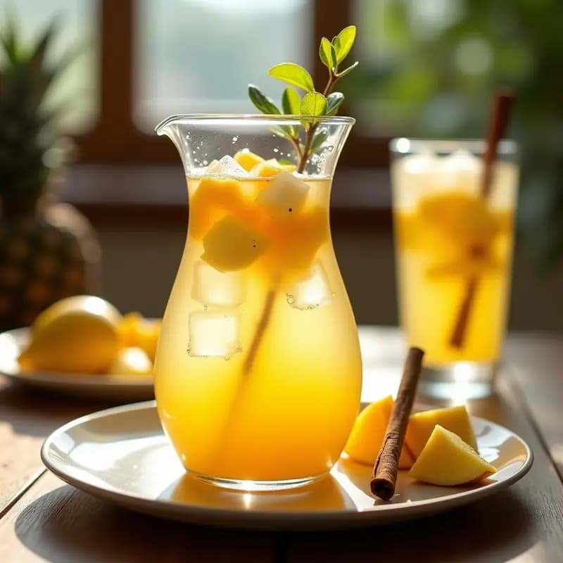 Jarra de cristal con sangría blanca tropical, llena de trozos de mango, plátano y piña, decorada con rodajas de limón y canela, servida con hielo y copas altas en un fondo veraniego.