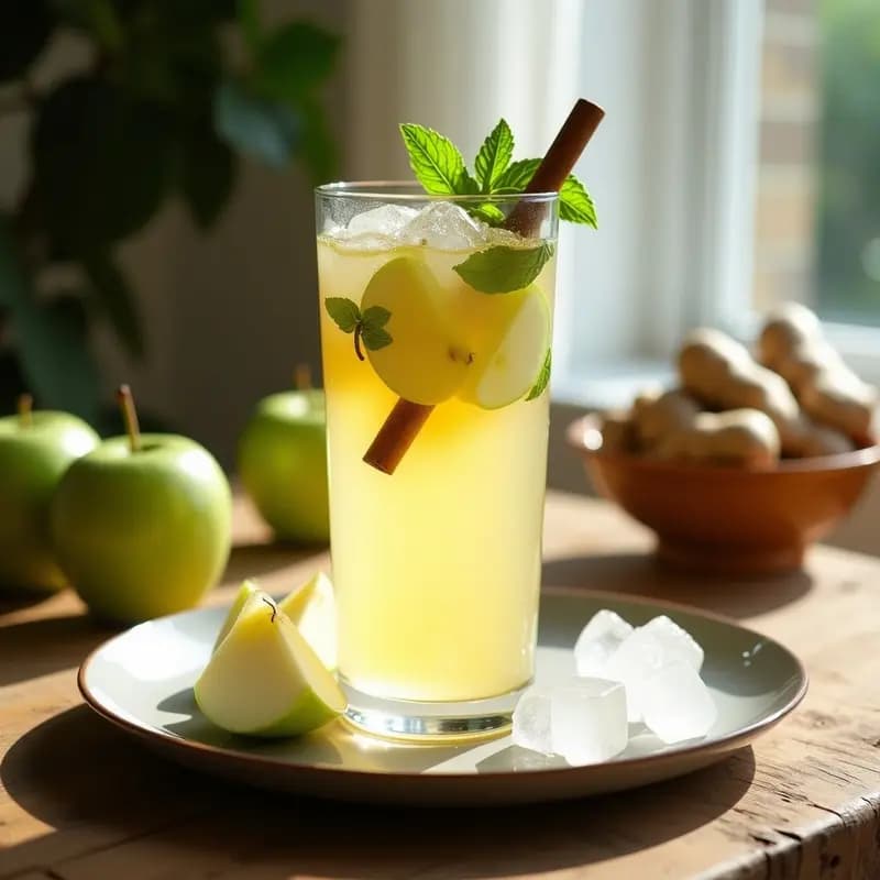 Copa alta de cristal con sangría blanca de manzana y jengibre, decorada con rodajas de manzana verde, hojas de menta y una rama de canela, sobre una mesa rústica con hielo y luz natural.
