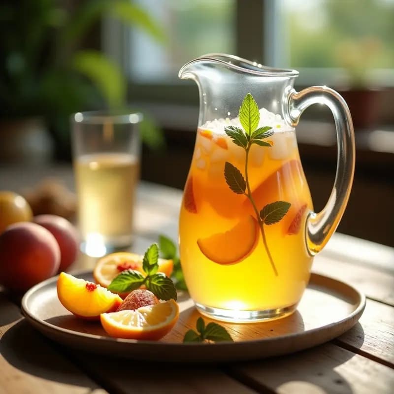 Jarra de cristal transparente llena de sangría blanca con trozos de melocotón, rodajas de limón y naranja, hojas de hierbabuena y hielo picado, sobre una mesa rústica de madera con copas altas y un fondo borroso de fiesta al aire libre.