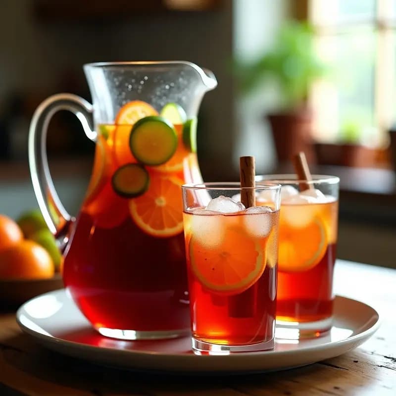 Jarra de vidrio transparente llena de sangría tradicional con rodajas de naranja, limón y trozos de melocotón flotando, canela en rama visible, hielo y copas con fruta al lado. ambiente veraniego y festivo.