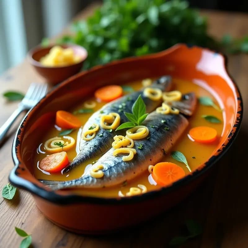 Filetes de sarda en escabeche dispuestos en una fuente de barro, bañados en un marinado dorado de vinagre, aceite de oliva, ajo y laurel, con rodajas de zanahoria y cebolla. Plato tradicional español frío, listo para servir.