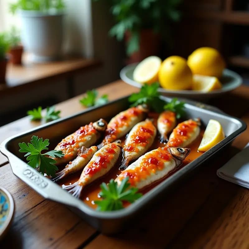 Sardinas asadas doradas con pimentón y ajo en bandeja de horno rústica, decoradas con perejil fresco y gajos de limón, receta costera vasca rápida.