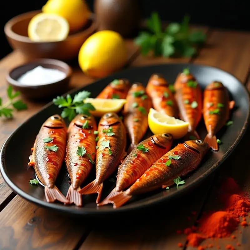 Sardinas asadas doradas en bandeja rústica con pimentón y rodajas de limón, decoradas con perejil fresco. Receta de bar en casa.