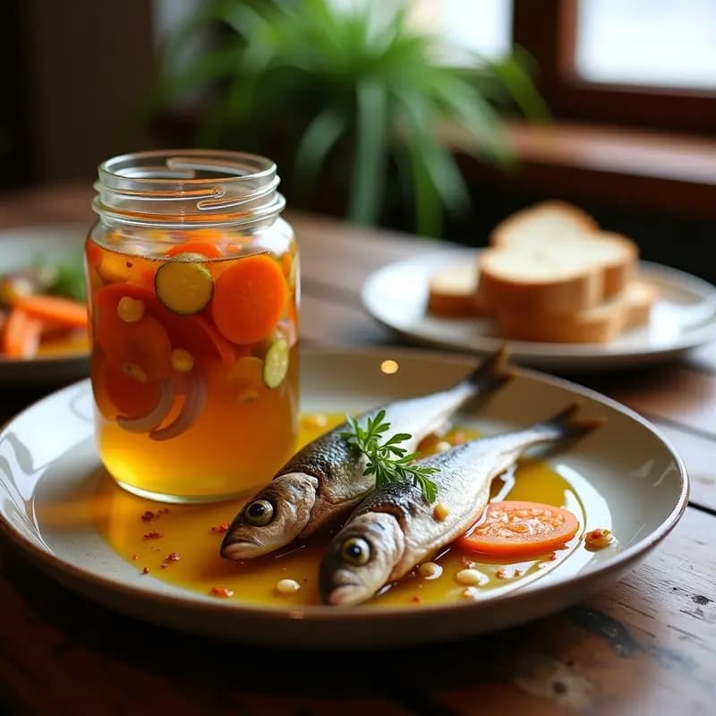 Frasco de vidrio transparente con sardinas en escabeche andaluz, cubiertas de aceite de oliva y especias, junto a rodajas de cebolla morada, zanahoria y ajos. Plato rústico de fondo con pan tostado.