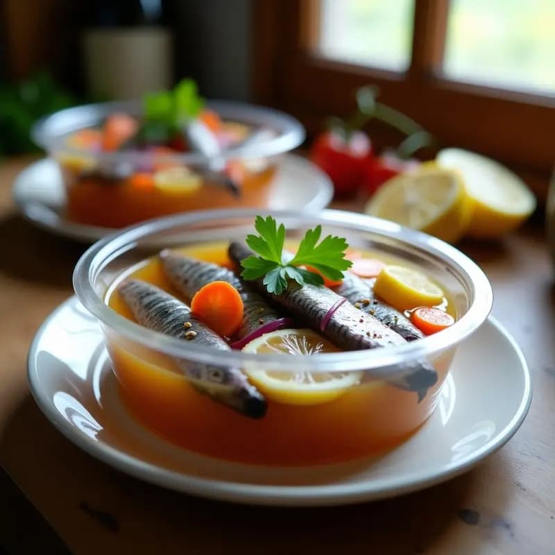 Tupper de cristal con sardinas en escabeche andaluza, cubiertas de vinagre, aceite de oliva, rodajas de cebolla morada, zanahoria y hojas de laurel. Plato rústico de fondo con pan tostado.