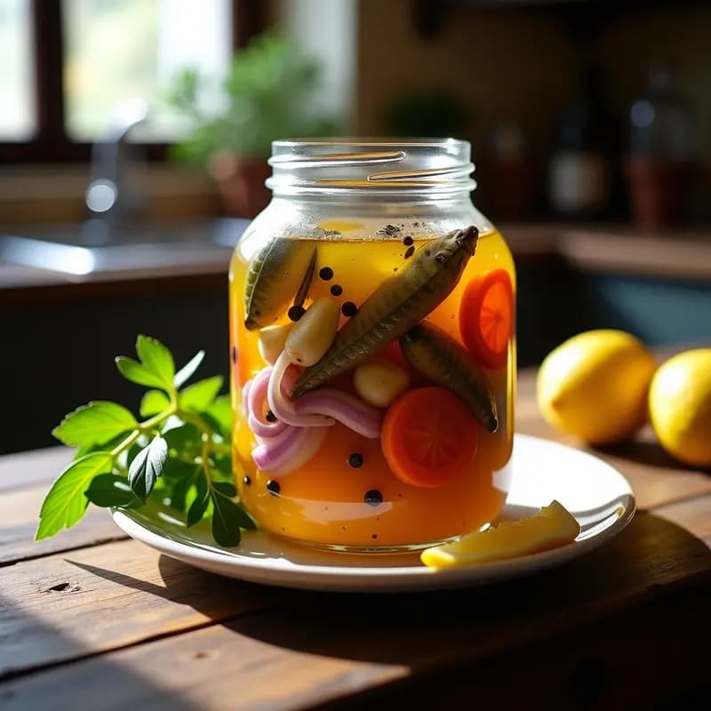 Frasco de cristal transparente lleno de sardinas en escabeche casero, con rodajas de zanahoria, cebolla morada y ajo, cubiertas por aceite de oliva dorado y especias. Plato tradicional español listo para conservar.