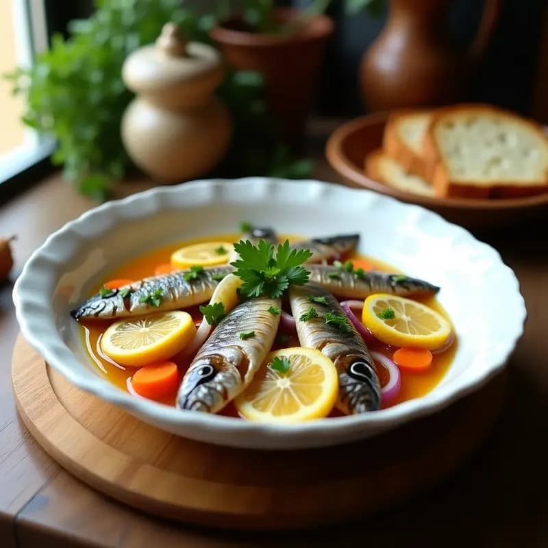 Plato de sardinas en escabeche con limón y ajo, servidas frías en un recipiente de barro. Las sardinas están bañadas en un líquido dorado con rodajas de limón, ajo laminado, cebolla morada y zanahoria. Decoradas con perejil fresco y acompañadas de pan tostado.