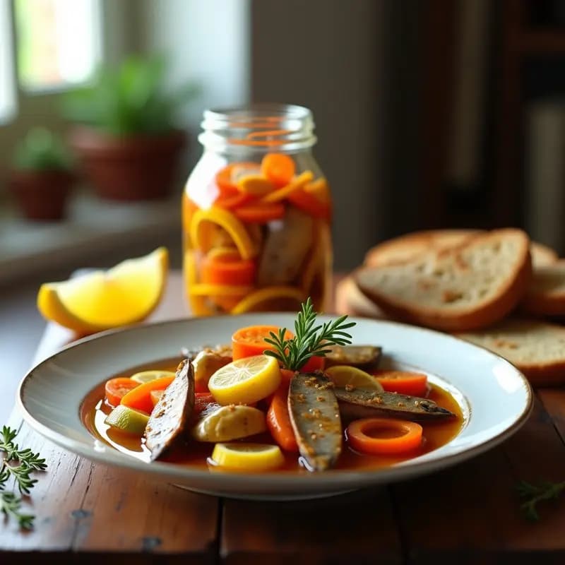 Tarro de vidrio transparente lleno de sardinas en escabeche con limón y pimentón, rodeadas de rodajas de limón, cebolla morada y zanahoria, bañadas en un líquido dorado de vinagre y aceite de oliva. Plato rústico de madera como fondo, con un toque gourmet y tradicional español.