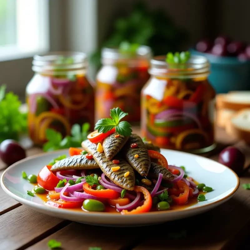 Tarros de cristal transparentes llenos de sardinas en escabeche con pimientos verdes, rojos asados y cebolla morada en juliana, bañados en aceite y vinagre. Plato de tapas frías para verano con perejil fresco espolvoreado.