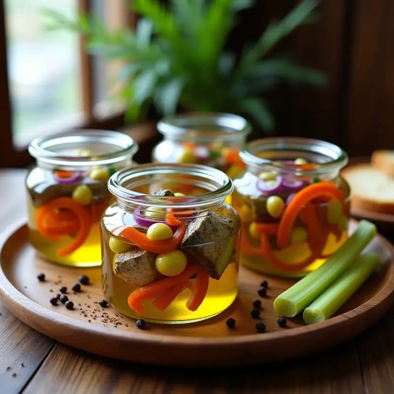Tarros de cristal transparentes llenos de sardinas en escabeche con vinagre de Jerez, rodajas de zanahoria, ajo y cebolla morada, bañadas en aceite de oliva dorado. Plato rústico de madera con pan tostado al lado, receta casera de conserva tradicional española.