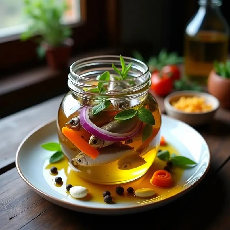Tarro de vidrio transparente con sardinas en escabeche cubiertas de vinagre, aceite de oliva, laurel y verduras en juliana, sobre fondo rústico de madera.