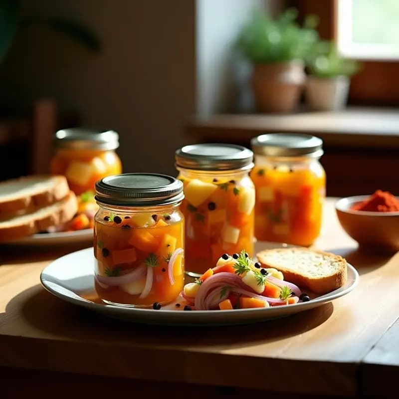 Tarros de cristal transparentes llenos de sardinas en escabeche con rodajas de cebolla morada, zanahoria y ajo, bañadas en vinagre y aceite de oliva con pimentón, sobre una mesa rústica de madera con pan tostado al lado.