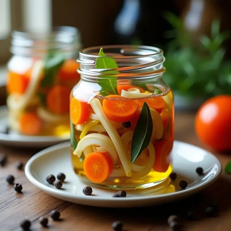 Frasco de vidrio transparente lleno de sardinas en escabeche con rodajas de zanahoria naranja, cebolla blanca y hojas de laurel, bañadas en un líquido dorado de vinagre y aceite. Plato típico español para tupper.
