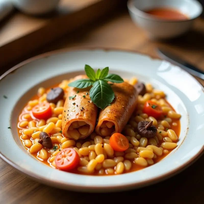 Plato blanco con sarma de col rellena de arroz y hongos, rollitos apretados cubiertos de perejil fresco, servidos con un hilo de aceite de oliva sobre fondo rústico de madera.