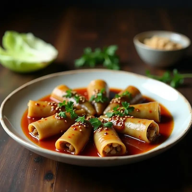 Plato hondo de cerámica blanca con sarma balcánica sin carne: rollitos de repollo rellenos de arroz salvaje y hongos portobello, bañados en salsa de tomate y decorados con perejil fresco y semillas de sésamo. Receta vegana en olla lenta.