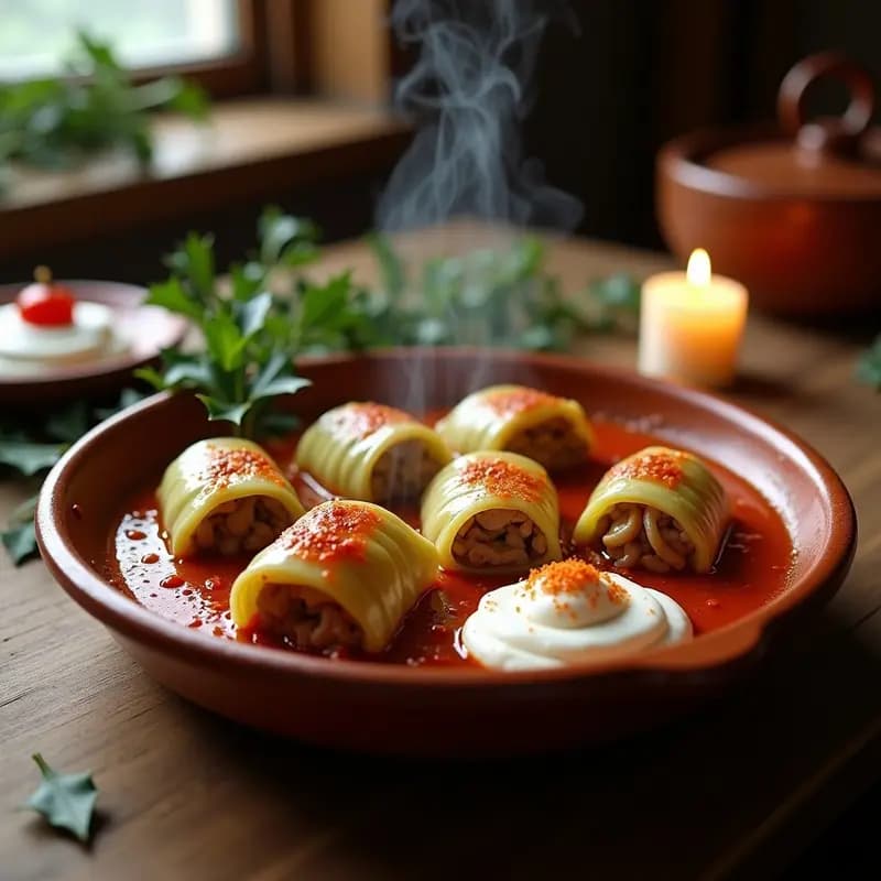 Plato de barro rústico con sarmale rumanas de col rellenas de cerdo y arroz, bañadas en salsa de tomate espesa, decoradas con eneldo fresco y acompañadas de crema agria. Receta tradicional para Navidad.