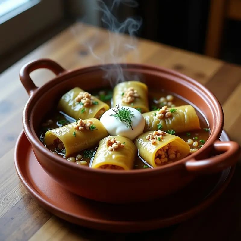 Plato de barro rústico con sarmale polacos veganos de col fermentada y champiñones, servidos con puré de colinabo y decorados con eneldo fresco. Receta de invierno alta en probióticos.