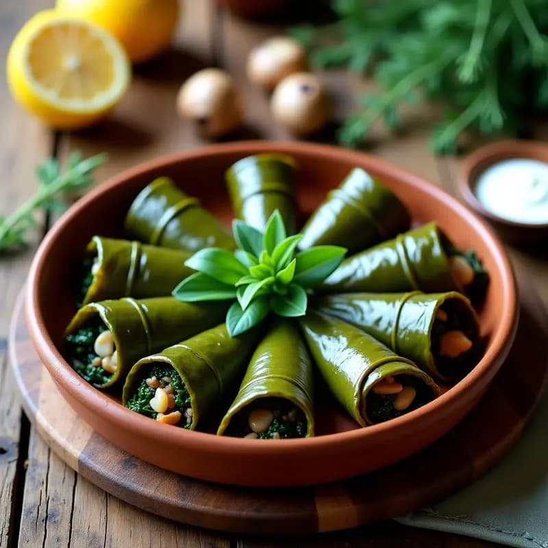 Plato de sarmale veganos de col rizada y champiñones envueltos en hojas de parra, dispuestos en un plato de barro rústico con hierbas frescas y rodajas de limón al lado.