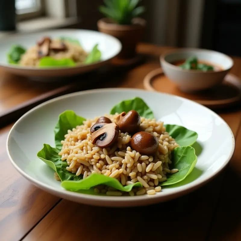 Plato de cerámica blanca con sarmale rumanos veganos de repollo y arroz integral, servidos sobre hojas de repollo fresco, bañados en caldo dorado con especias, acompañados de perejil picado y una rodaja de limón.
