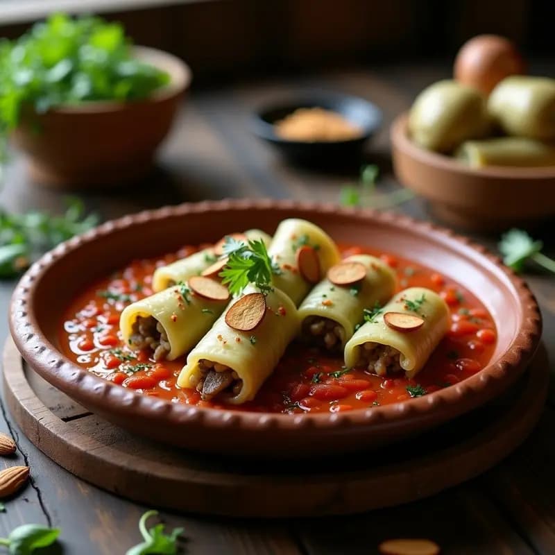Plato de sarmale rumanos veganos con repollo fermentado y champiñones, enrollados y cocinados al vapor, servidos en fuente de barro con hojas de tomillo fresco.