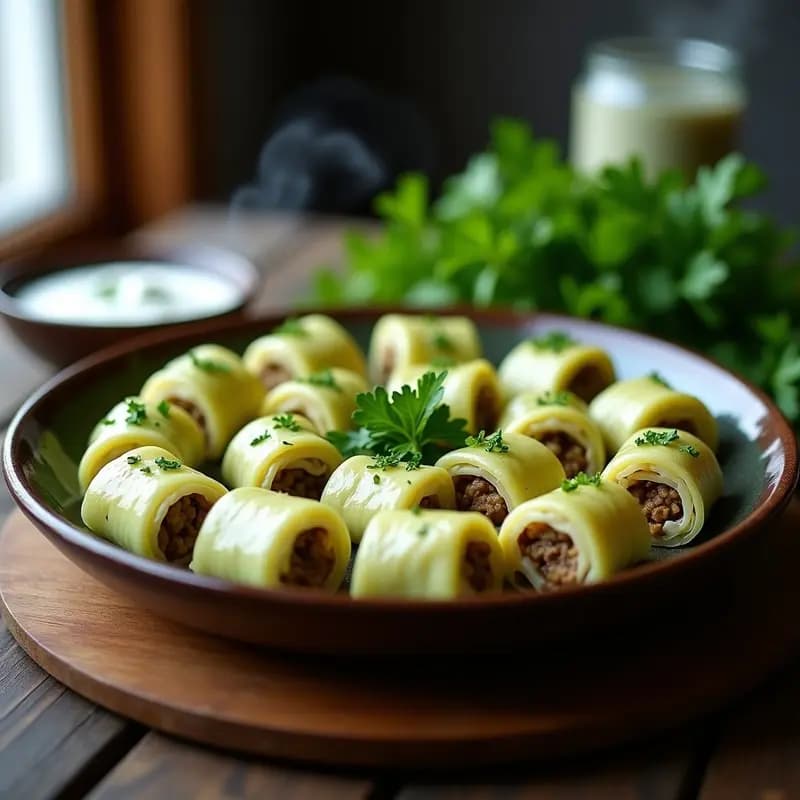 Plato de cerámica blanca con sarmale romanos veganos de repollo y hongos, servidos con una rodaja de limón y hierbas frescas. Receta tradicional rumana en versión vegana y baja en calorías, cocinada en olla exprés.
