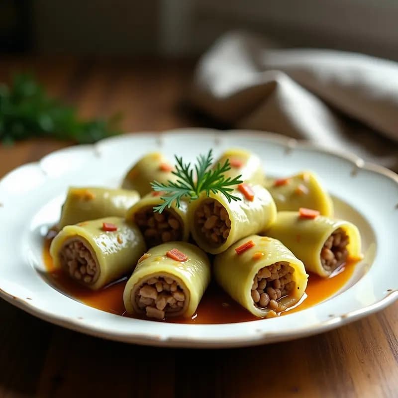 Plato hondo de cerámica blanca con Sarmale Rumanos enrollados en hojas de col verde, bañados en salsa de tomate espesa, acompañados de crema agria y eneldo fresco. Receta tradicional de Sarmale en Thermomix.