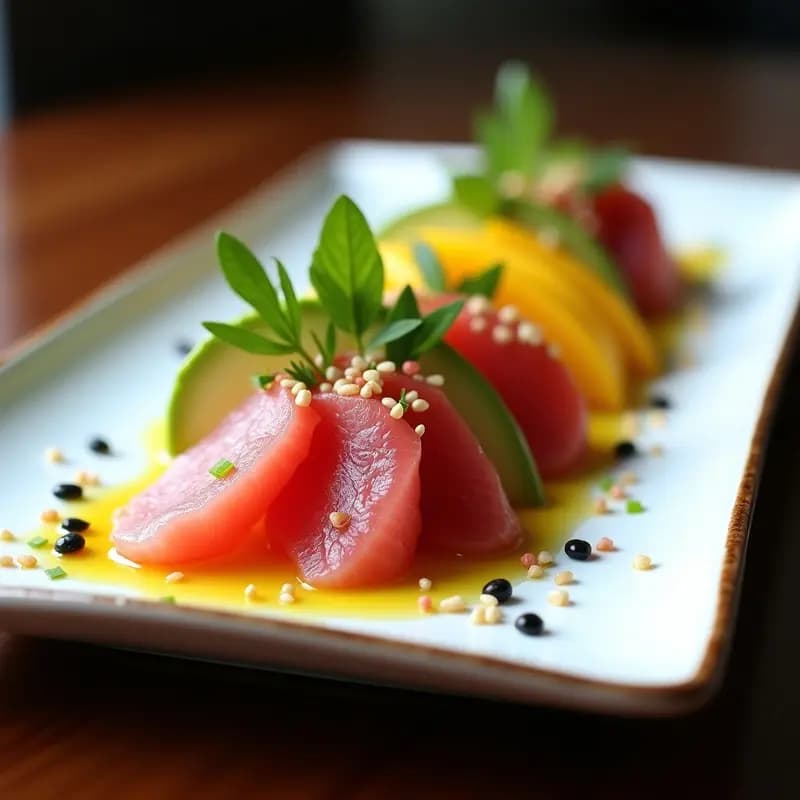 Plato blanco rectangular con sashimi de atún rojo en láminas finas, acompañadas de tiras de mango amarillo y aguacate verde, decorado con semillas de sésamo negro y blanco, cebollino picado y bañado con vinagreta de yuzu brillante. Receta japonesa dulce-salada fresca y elegante.