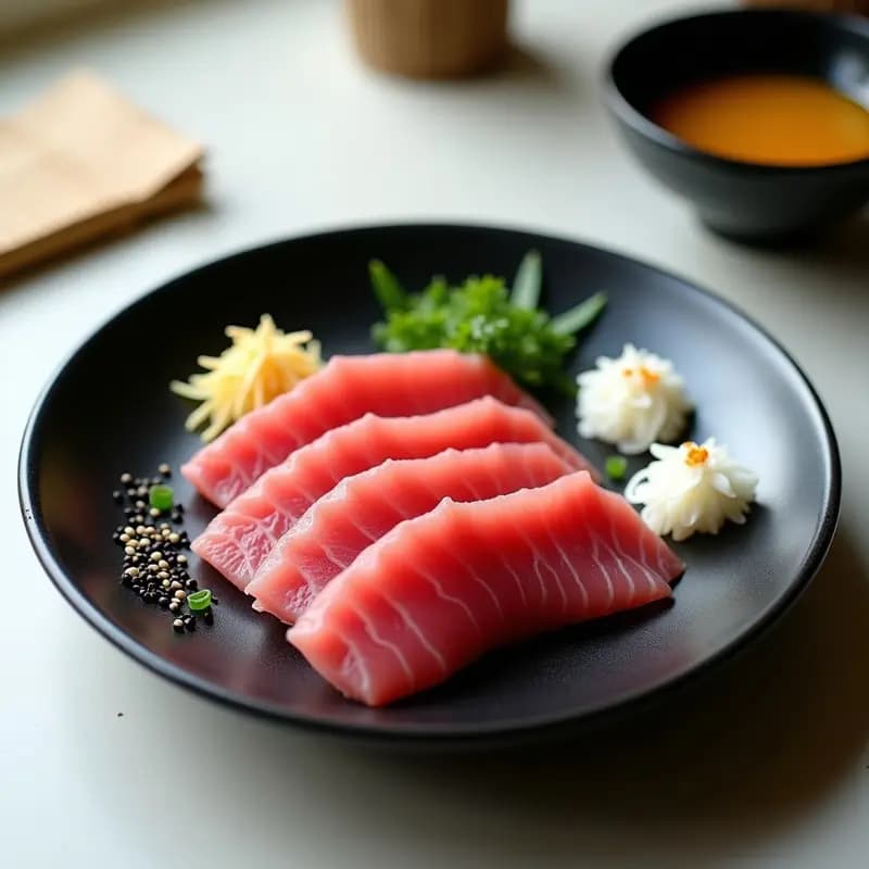 Plato de cerámica negra con láminas finas de sashimi de atún fresco dispuestas en abanico, acompañadas de salsa ponzu dorada con jengibre, semillas de sésamo negro, cebollino picado y juliana de daikon sobre fondo minimalista japonés.