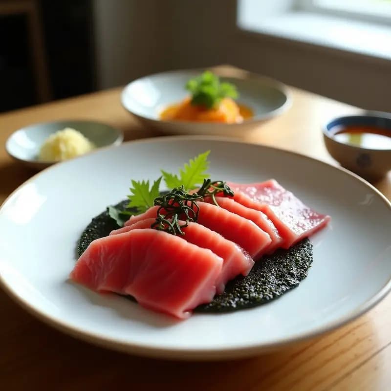 Plato de cerámica blanca con láminas finas de sashimi de atún fresco dispuestas en abanico, decoradas con semillas de sésamo tostadas, láminas de alga nori y hojas de shiso. Acompañado de salsa ponzu con jengibre rallado en un bol pequeño, sobre fondo minimalista.