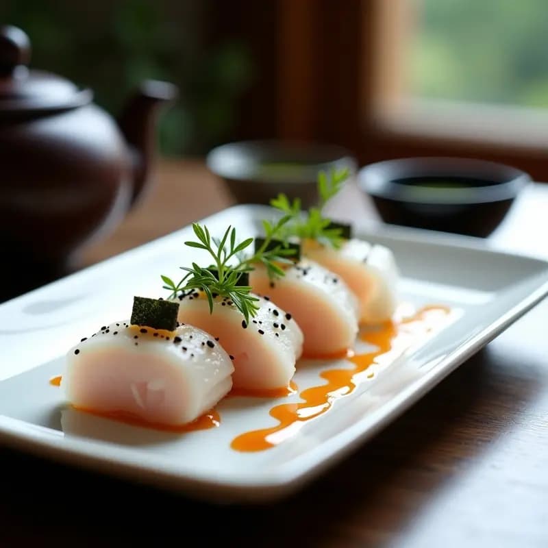Plato de porcelana blanca con láminas de sashimi de corvina fresca, rábanos daikon en juliana, algas nori y semillas de sésamo negro, bañado en salsa ponzu. Receta japonesa crudivegana elegante y fresca.