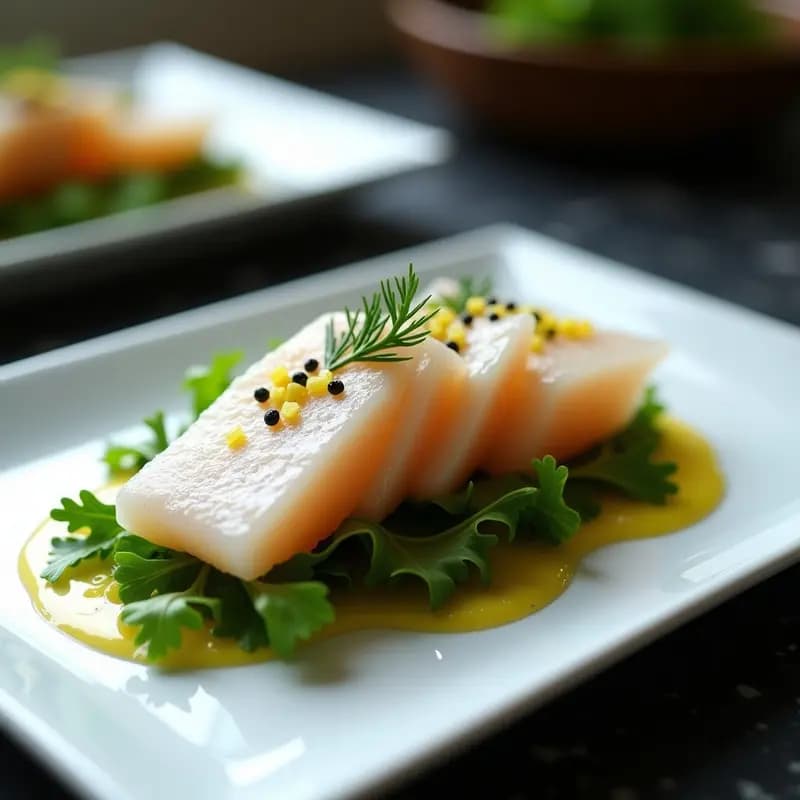 Plato blanco rectangular con láminas finas de sashimi de corvina dispuestas en abanico sobre un lecho de rúcula baby, bañadas con salsa de yuzu y cítricos. Decorado con semillas de sésamo negro, cebollino picado y flores de eneldo. Presentación elegante y minimalista de entrante japonés gourmet.
