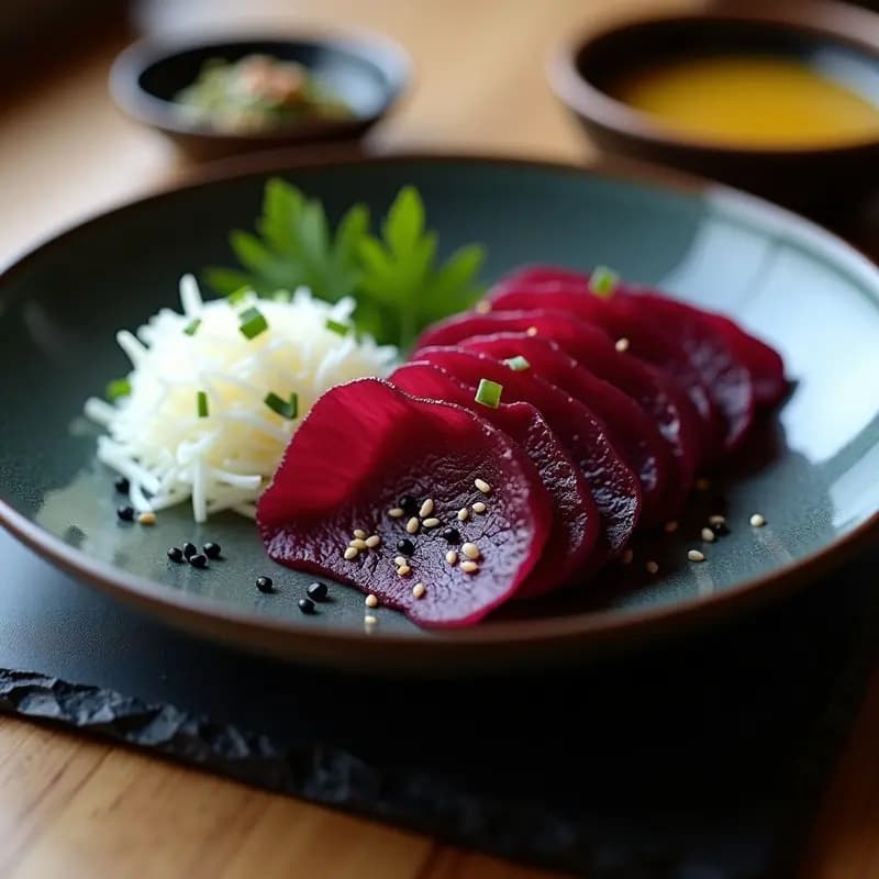 Plato blanco alargado con láminas finas de remolacha asada y rábano daikon dispuestas en abanico, bañadas con salsa ponzu brillante. Decorado con semillas de sésamo negro, algas nori en copos y cebollino picado. Fondo minimalista con palillos de madera y un pequeño cuenco de wasabi vegano.