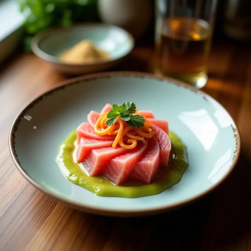 Plato blanco alargado con sashimi de remolacha marina en láminas finas, decorado con wasabi de rábano en montículos, semillas de sésamo negro y cebollino. Fondos de algas nori y aceites de sésamo que brillan bajo la luz. Receta crudivegana con toque japonés.