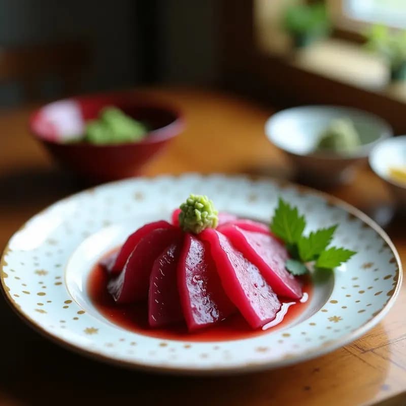 Plato blanco minimalista con láminas finas de sashimi de remolacha marina dispuestas en abanico, acompañadas de wasabi de rábano picante fresco y decoradas con semillas de sésamo negro y cebollino picado. Estilo japonés elegante y vegano.